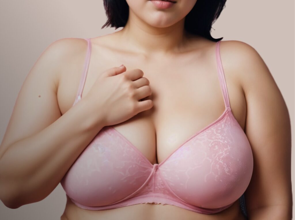 Woman with large breasts wearing a bra, illustrating breast reduction concerns